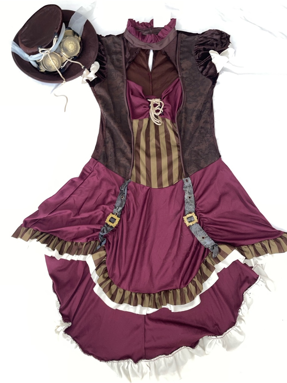 Halloween “Steampunk Girl” Burgundy & Brown Costume Dress w/ Hat & Goggles Sz L
